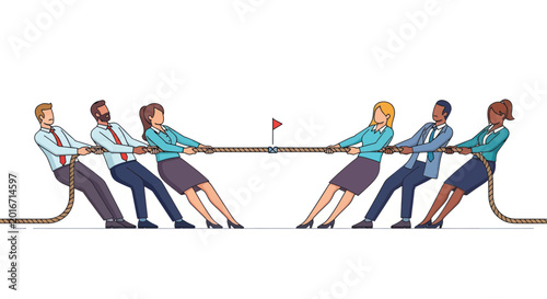Schilderij op canvas Business Team Tug of War Competition, Office Workers Straining on Rope