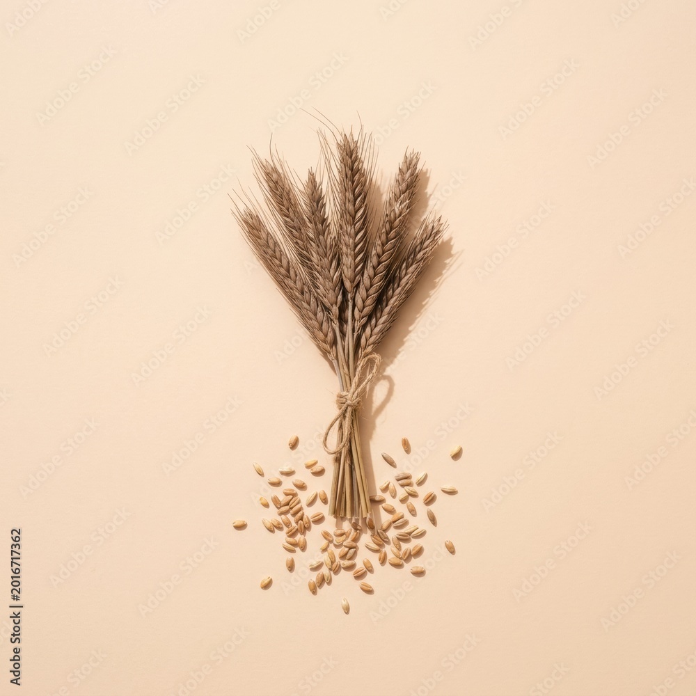 Fototapeta premium Bundle of dried wheat ears and scattered grain seeds on a pale peach background for organic food branding, agricultural product marketing and bakery design with copy space