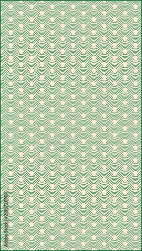Foto Traditional Japanese Seigaiha pattern background featuring repetitive green concentric semi-circles representing ocean waves on a light beige cream texture for paper and textile design