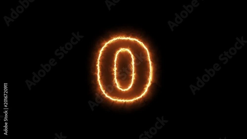 Countdown timer animation with glowing fire numbers on a pitch black background.
