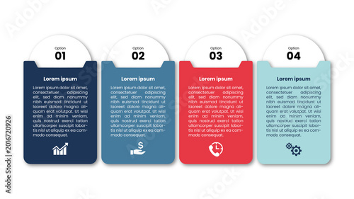 Canvas Print Four vertical color-coded columns for business comparison or process steps with numeric labels, descriptive icons, and placeholder text boxes on a white background