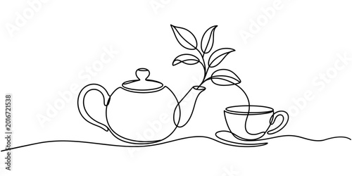 Φωτογραφία continuous line drawing of tea pot with tea leaves and cup