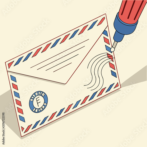 Cuadro en lienzo Retro airmail envelope with blue pen on surface.