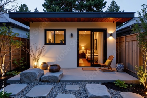 Modern backyard with a small guest house, outdoor seating, and landscaped stone pathway at dusk.