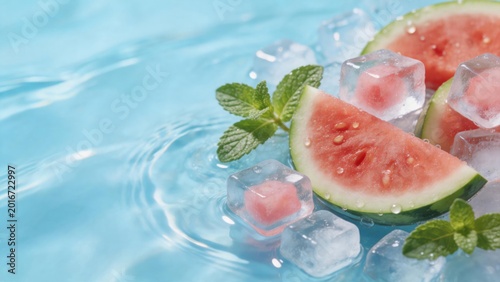 Beat the summer heat with icy watermelon slices, fresh mint, and crystal-clear ice cubes floating on rippled blue water—perfect for cooling down during hot weather and embracing seasonal refreshment.