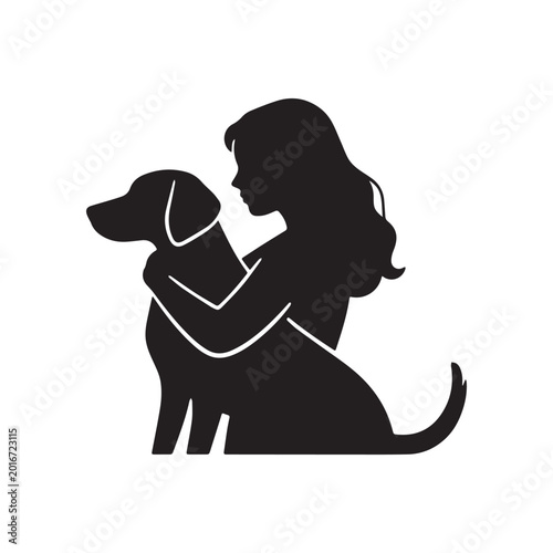 Silhouette Of A Young Woman Hugging Her Loyal Pet Dog With Love.