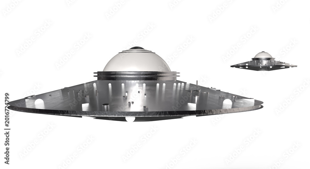 Fototapeta premium Flota de ovnis estilo retro, metálicos con luces brillantes navegando en el vacío del espacio. Representación 3D de naves espaciales alienígenas clásicas en formato cinematográfico.