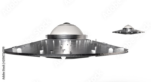 Cuadro en lienzo Flota de ovnis estilo retro, metálicos con luces brillantes navegando en el vacío del espacio