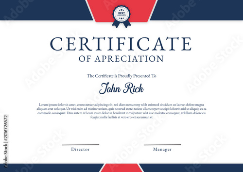 Photos Professional certificate of appreciation template with navy blue and red geometric borders, featuring a blue best award ribbon seal, formal serif fonts, and placeholder text