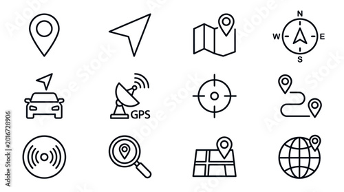 Navigation Icons: GPS, Map, Compass, Location Pin, Car Navigation, Search
