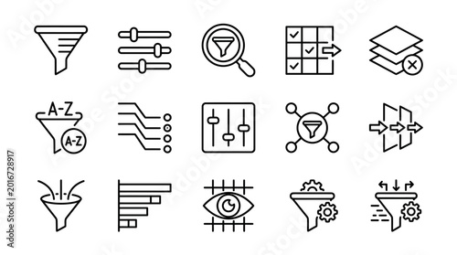 Data Filtering and Analysis Icons Set - Funnel, Magnifying Glass, Settings