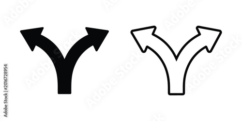 Obraz na plátně Split direction illustration, modern dual arrow sign with bold outline and monochrome appearance, suitable for navigation systems, traffic graphics, and interface design