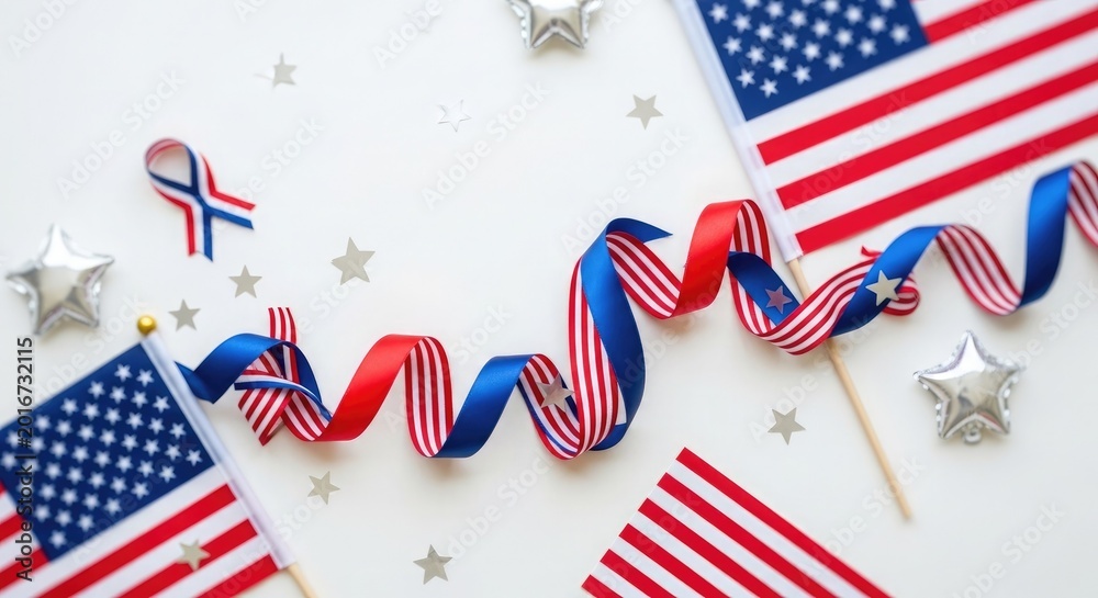 Obraz premium Independence day celebration american flags ribbons and stars on white background