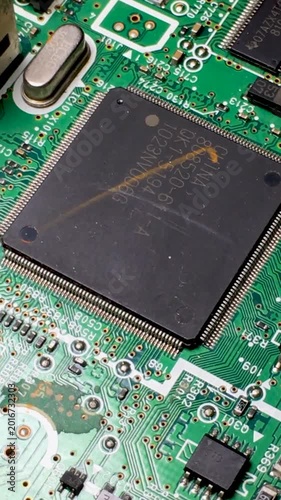 Electronic printed circuit board. Vertical video.