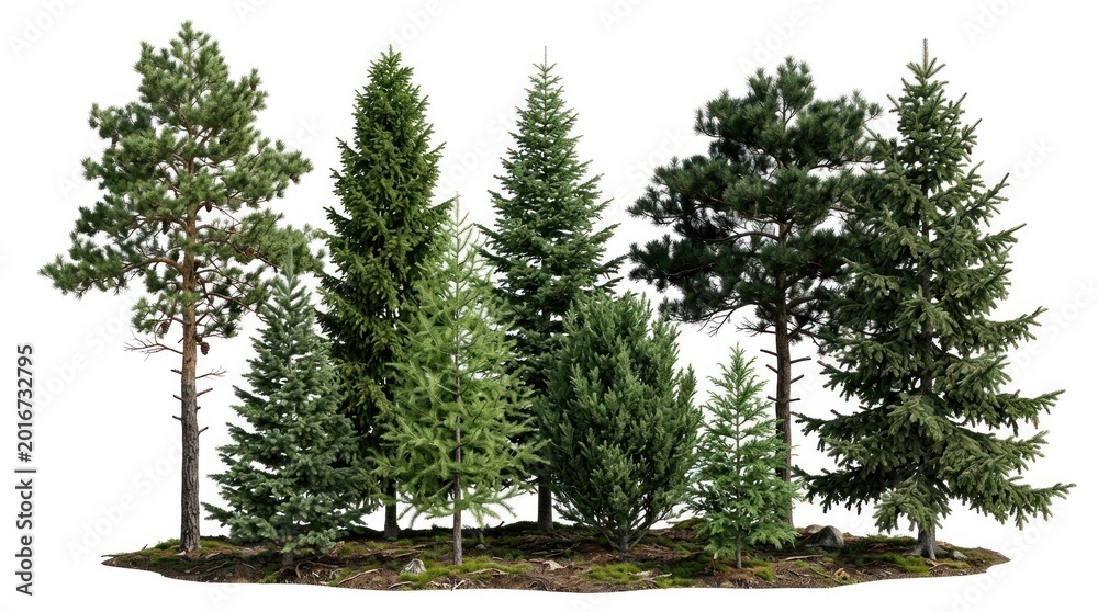 Fototapeta premium A group of evergreen trees stands on a mossy mound against a white background. The trees vary in height and shape, showcasing different species of conifers.