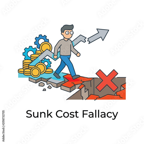 Photography Sunk cost fallacy icon, person pushing forward despite losses, behavioral bias w