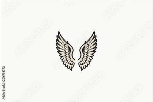 Elegant angel wings vector illustration with detailed feathers, symmetrical fantasy design isolated on clean background for logo, tattoo, apparel, and branding. Vector illustration.