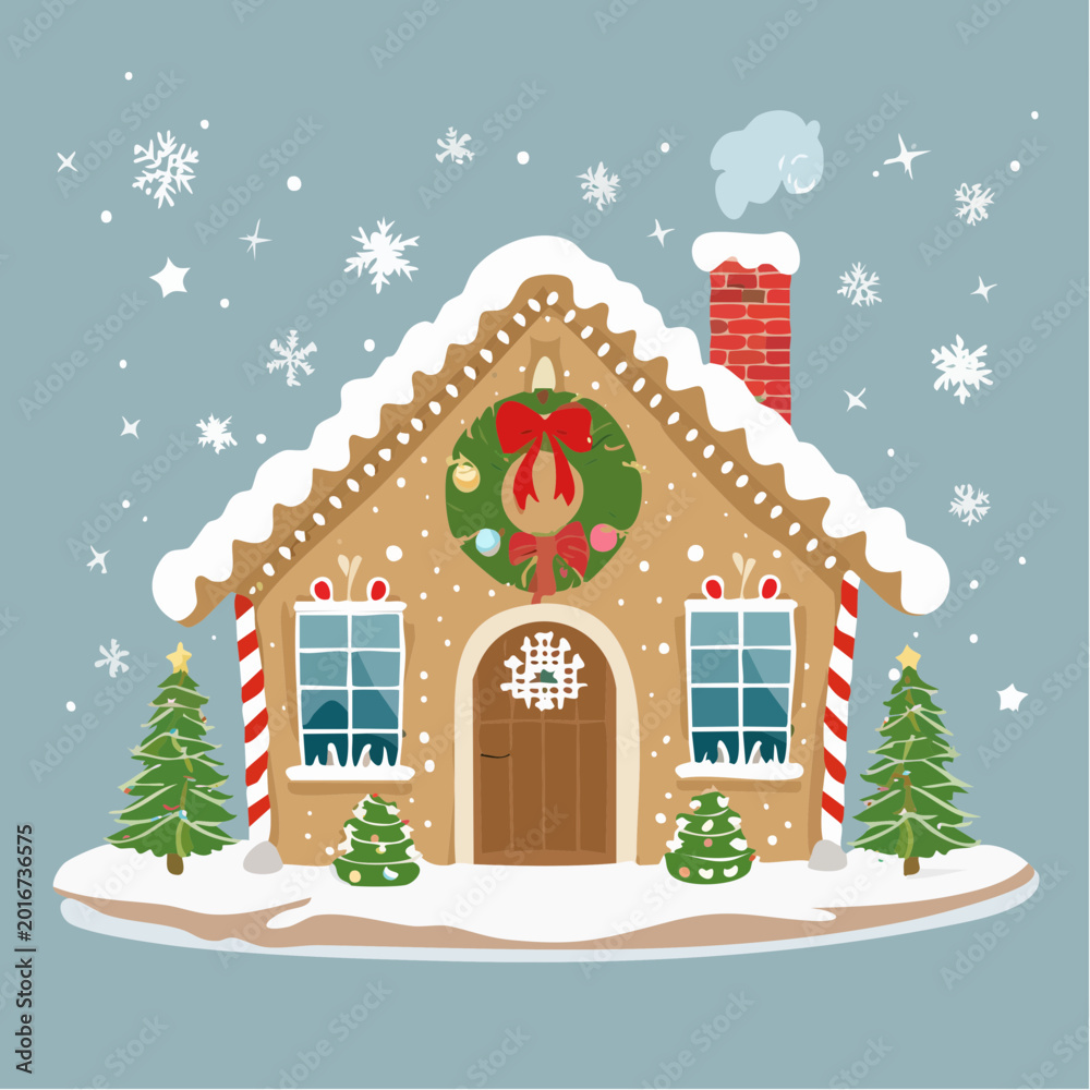 Fototapeta premium Gingerbread House with Christmas Decorations and Snowfall