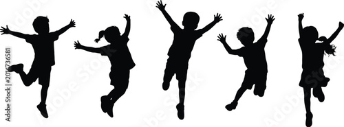Five children silhouettes jumping with arms raised