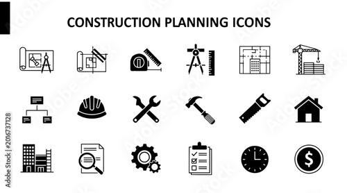 Obraz na plátně Modern Minimalist Construction Planning Icons Set