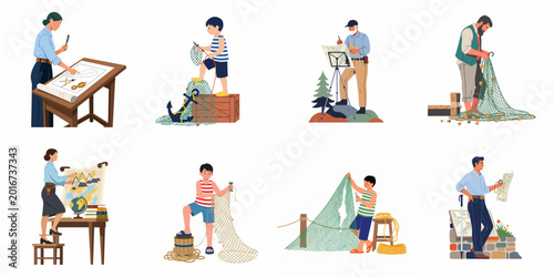 Obraz na płótnie Vector illustration set of people studying geographical maps, exploring nature, and repairing fishing nets in various professional and hobbyist settings