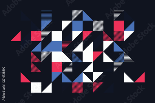 Geometric pattern of triangles and squares in red, blue, and white on dark background abstract