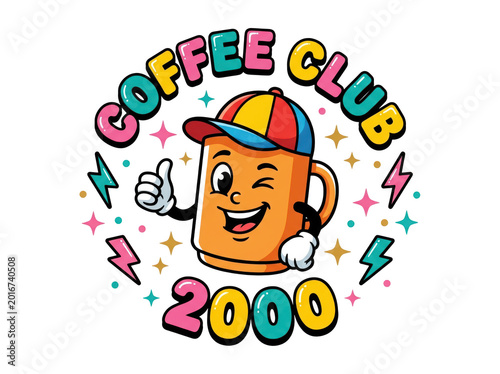 Coffee club 2000 retro cartoon mascot logo isolated on transparent background
