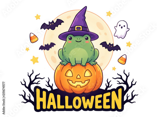 Cute frog wearing a witch hat sitting on a jackolantern for halloween isolated on transparent background