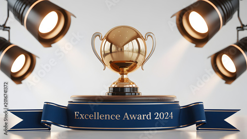 Golden trophy for excellence award 2024 on a pedestal under spotlights with first place trophy cup gold medal champion award excellence champion competition achievement recognition business