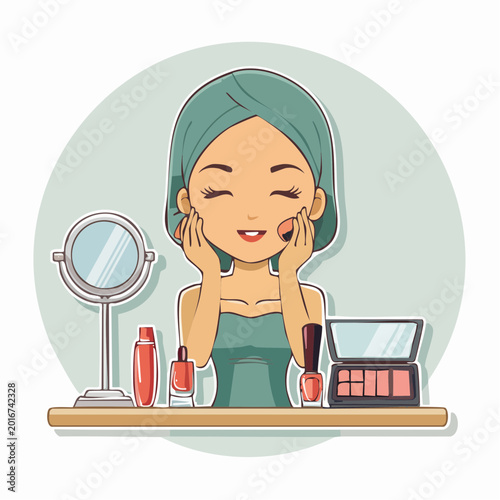 Woman Applying Makeup with Mirror and Cosmetics