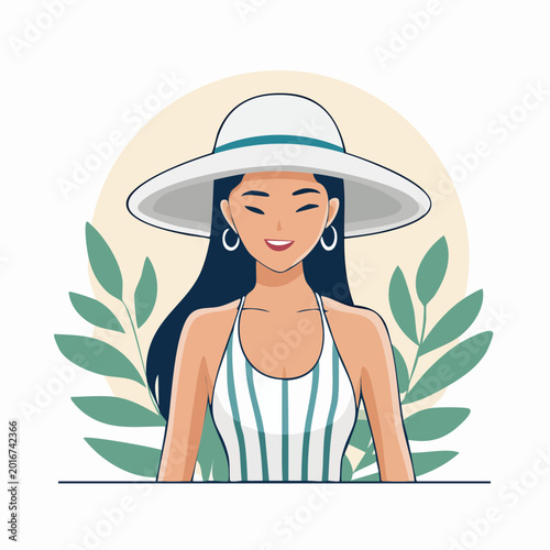 Woman in Sun Hat and Striped Swimsuit with Leaves