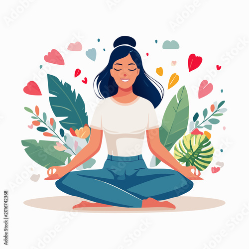Woman Meditating in Lotus Pose Surrounded by Tropical Leaves and Flowers