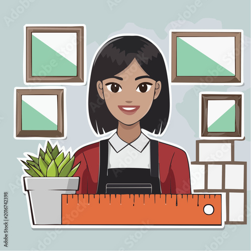 Woman with Art Supplies and Plant