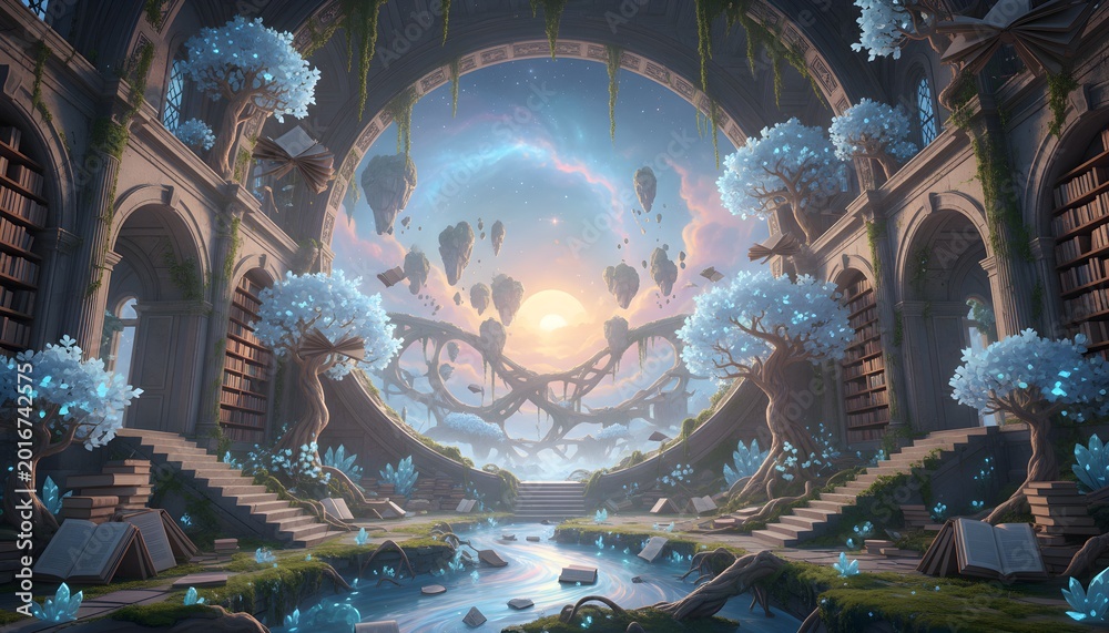 Obraz premium Surreal fantasy library interior with blue glowing trees, floating islands visible through a large circular stone window at sunset, scattered books, and crystal-filled river.