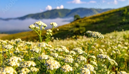 Field of White Wildflowers with Misty Mountains in Background.