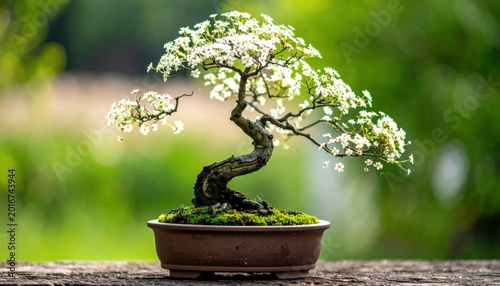 Elegant Bonsai Tree with White Flowers in a Pot Outdoors.