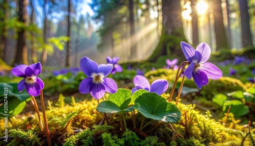 Vibrant Wild Violets Bloom in Sun-Dappled Forest Floor.
