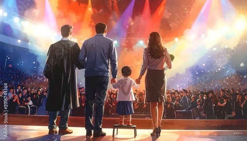 Family Watches Childs Graduation Ceremony on Stage.