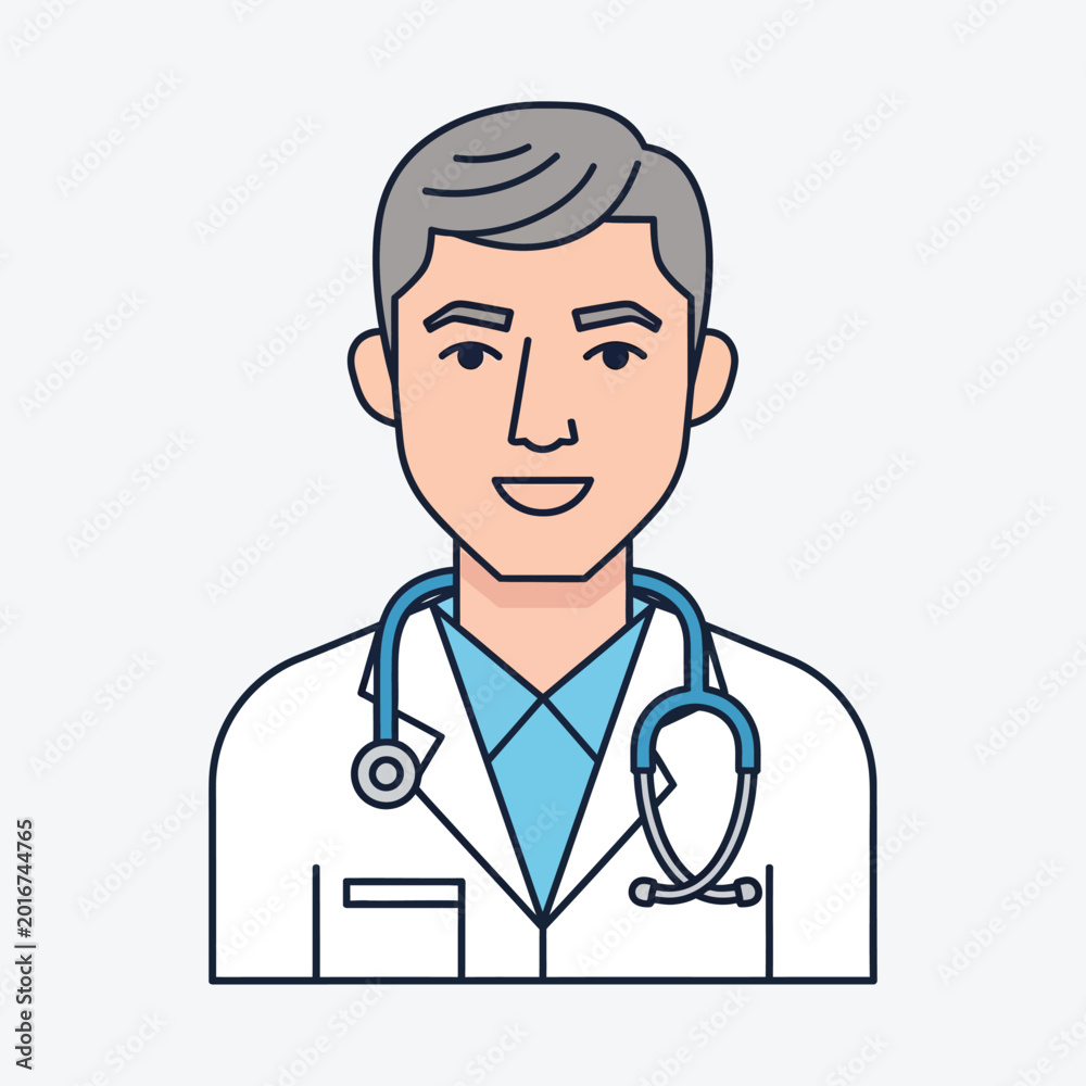 Fototapeta premium A professional male doctor illustration wearing a white lab coat and stethoscope.