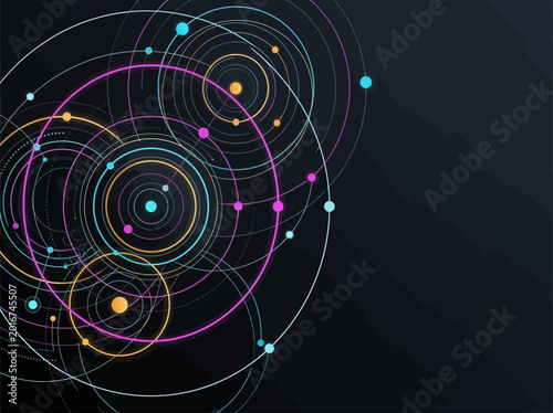 Abstract Technology Background with Glowing Concentric Circles, Planetary Orbits, and Digital Data Nodes for Future Science Concept