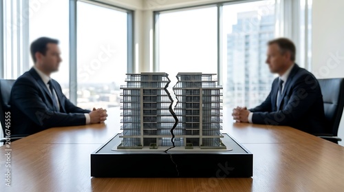 Two business professionals sit across table from miniature building model split in half, symbolizing corporate division, business conflict, or property dispute in sterile boardroom with cityscape.
