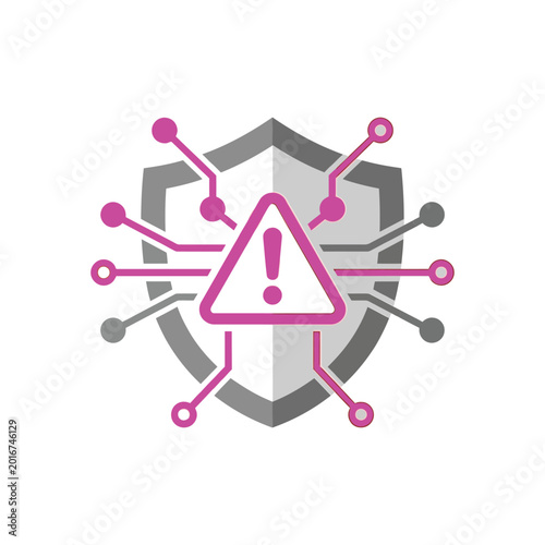 AI system alert shield icon, triangle warning sign with circuit lines, algorithm risk dashboard, machine learning safety audit vector