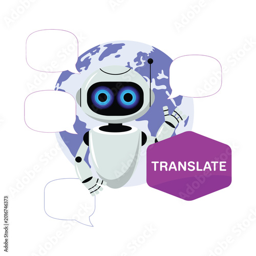 Valokuva Translation ai robot icon, language interpreter assistant, speech bubbles, world