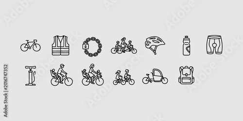 Bild auf Leinwand Icon set collection of bicycle transportation and family cycling lifestyle, featuring safety gear, bike accessories, and various recreational riding silhouettes