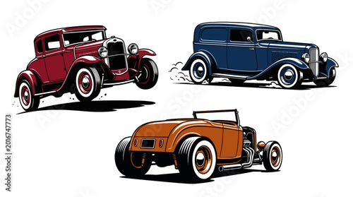 Fotografía This dynamic illustration showcases a trio of classic vintage cars, capturing their unique designs and nostalgic charm from the golden age of automotive history