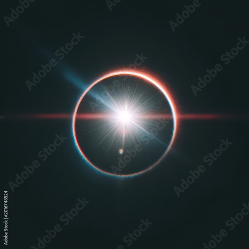 A radiant bright light shines through a dark circular frame, creating a glowing halo effect with multiple lens flares on a black background.