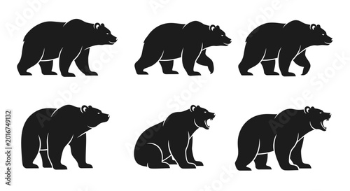 Collection of powerful bear silhouettes depicting various poses and behaviors, perfect for wildlife-themed projects, logos, and nature illustrations