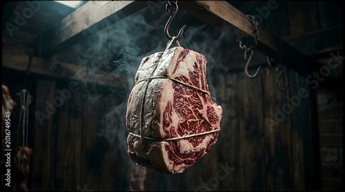 Smoked beef hanging in rustic wooden smokehouse interior