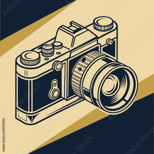 Fotografie Retro camera on striped background in golden color vector.