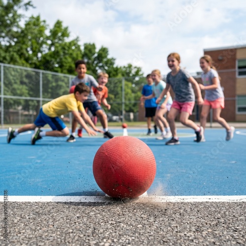 A foam dodgeball hitting the ground on an outdoor multi-sport court, with children diving in the blurred background, highlighting youthful recreation 1:1 ratio.